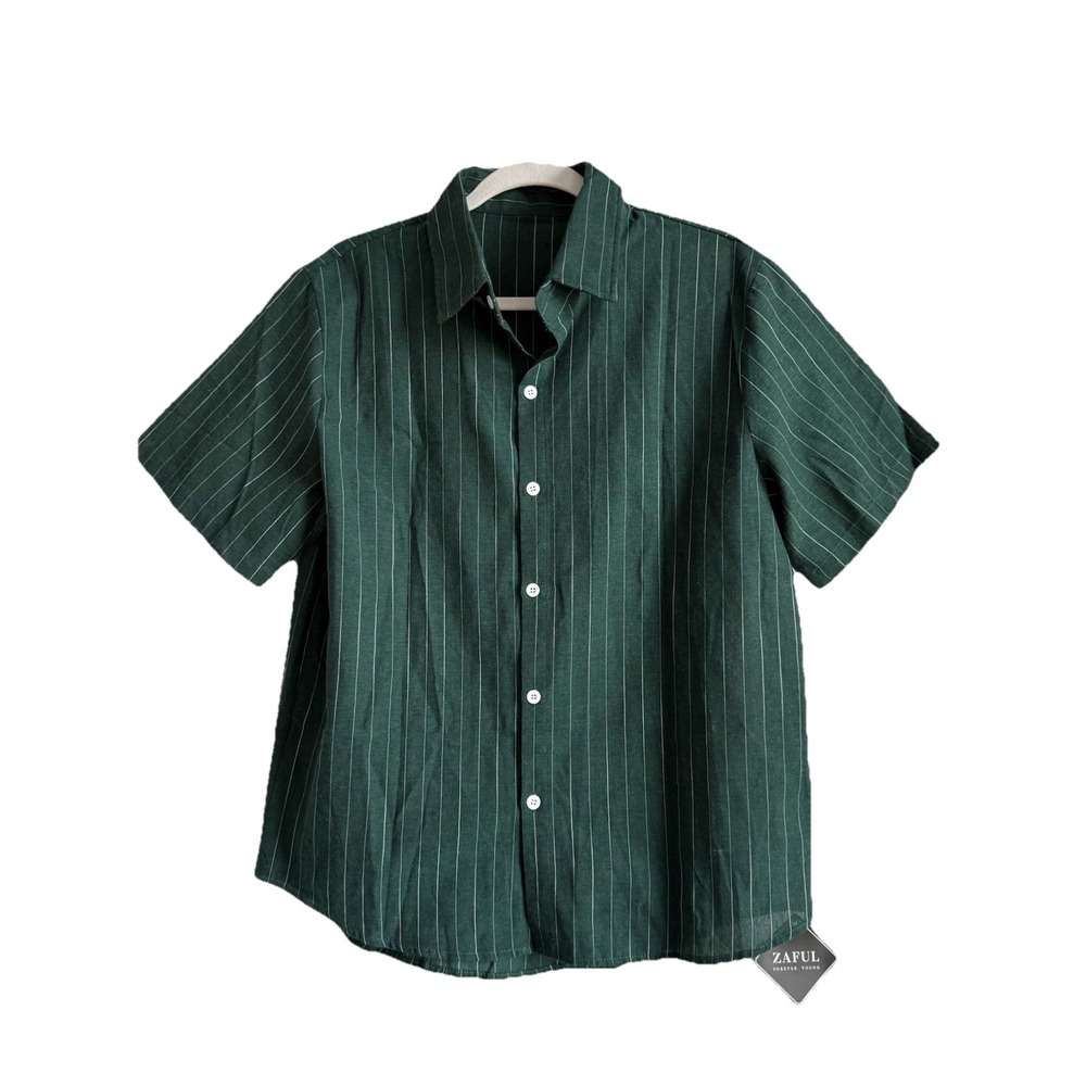 Zaful Shirt Mens Small‎ Green White Vertical Stripe Short Sleeve Button Up NEW
